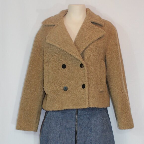 Theory Women's Faux Fur Peacoat brown 4 buttons 2 inside pockets front sz Small - Picture 3 of 9